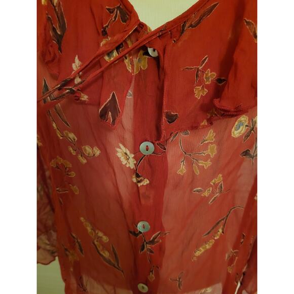 Vtg Tess Flare Sleeve Ruffle V Neck Tie-Front Floral Silk Sheer Top Red Size 14 - Picture 4 of 11